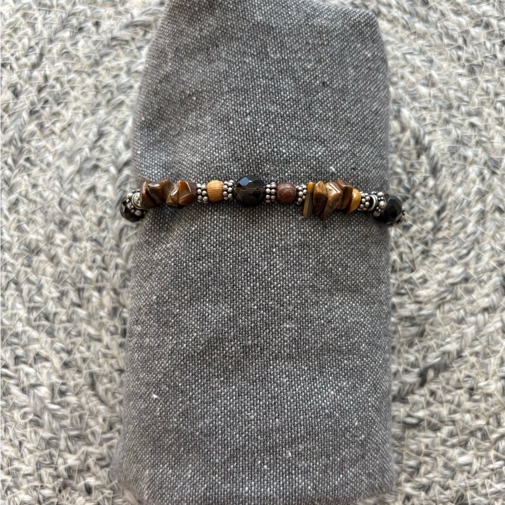Beaded Bracelet with Tigers Eye, Sterling Silver and Wood Bead Accents